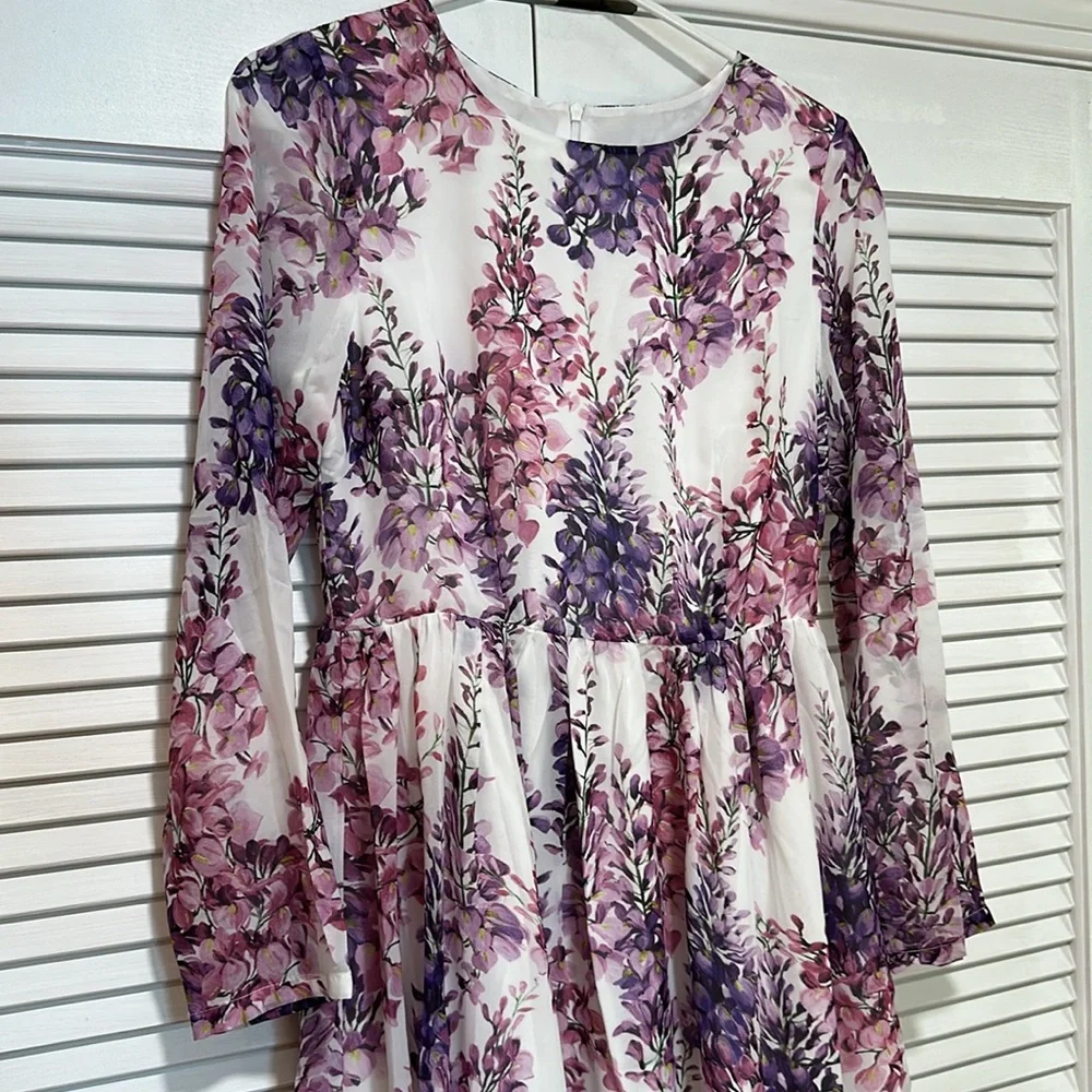 Floral Long Sleeve Maxi Dress & Scarf - Pink and Purple Chiffon - Picture 1 of 14